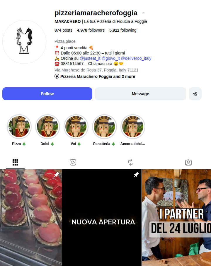 Il profilo Instagram di Pizzeria Marachero, con i post pubblicati