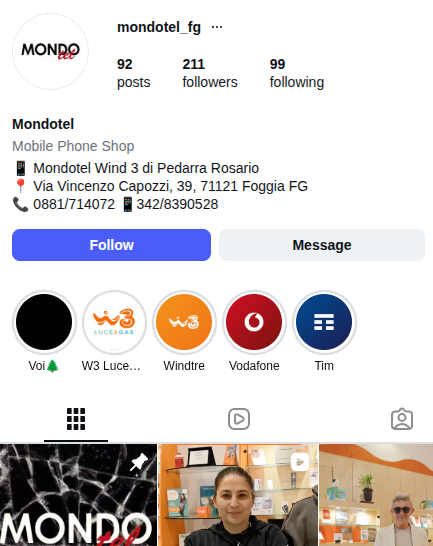 Il profilo Instagram di Mondotel